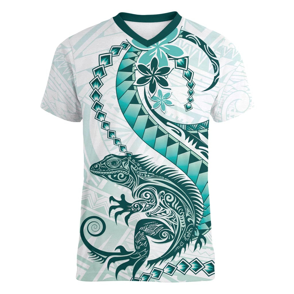 Teal Maori Tuatara Women V-Neck T-Shirt Luxury Pastel Pattern LT01 Female Teal - Polynesian Pride