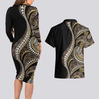 Hawaii Pineapple Brown Tribal Pattern Couples Matching Long Sleeve Bodycon Dress and Hawaiian Shirt - Polynesian Pride