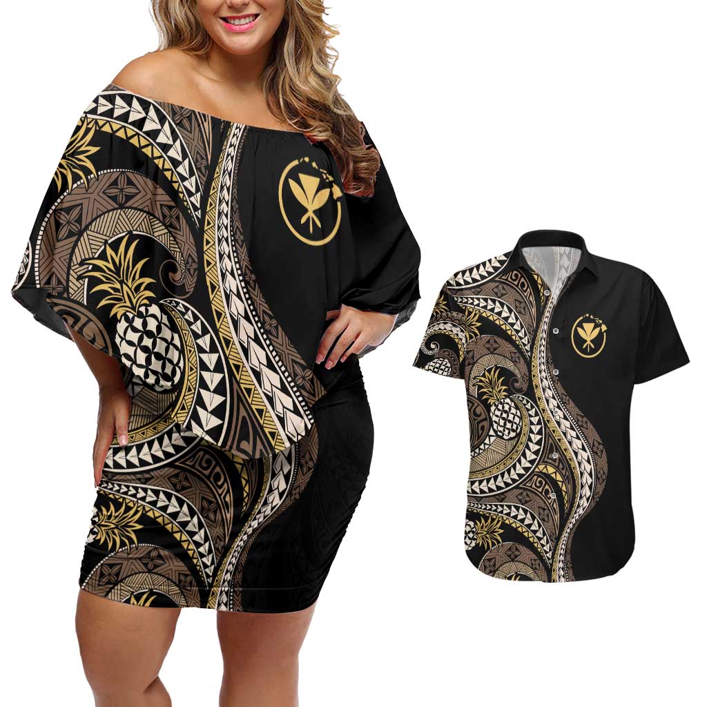 Hawaii Pineapple Brown Tribal Pattern Couples Matching Off Shoulder Short Dress and Hawaiian Shirt - Polynesian Pride