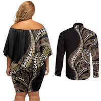 Hawaii Pineapple Brown Tribal Pattern Couples Matching Off Shoulder Short Dress and Long Sleeve Button Shirt - Polynesian Pride