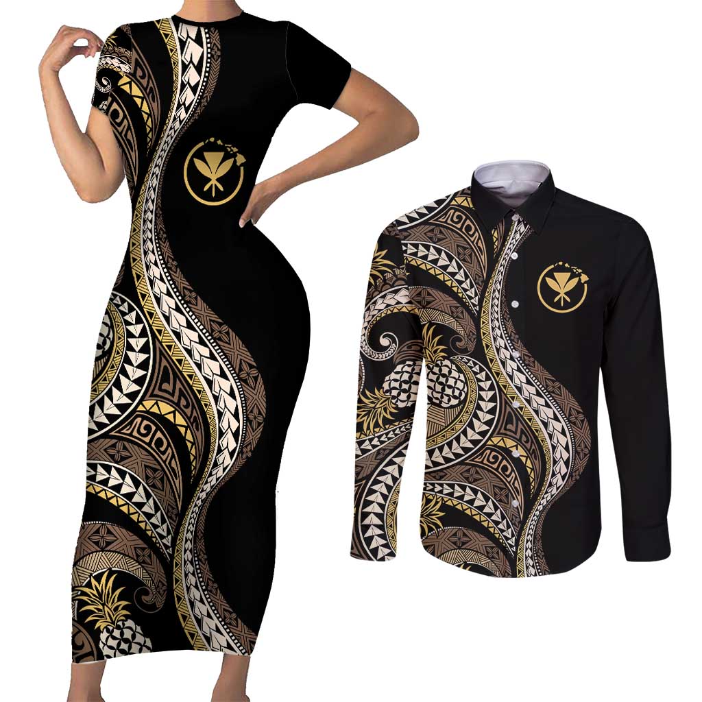 Hawaii Pineapple Brown Tribal Pattern Couples Matching Short Sleeve Bodycon Dress and Long Sleeve Button Shirt - Polynesian Pride