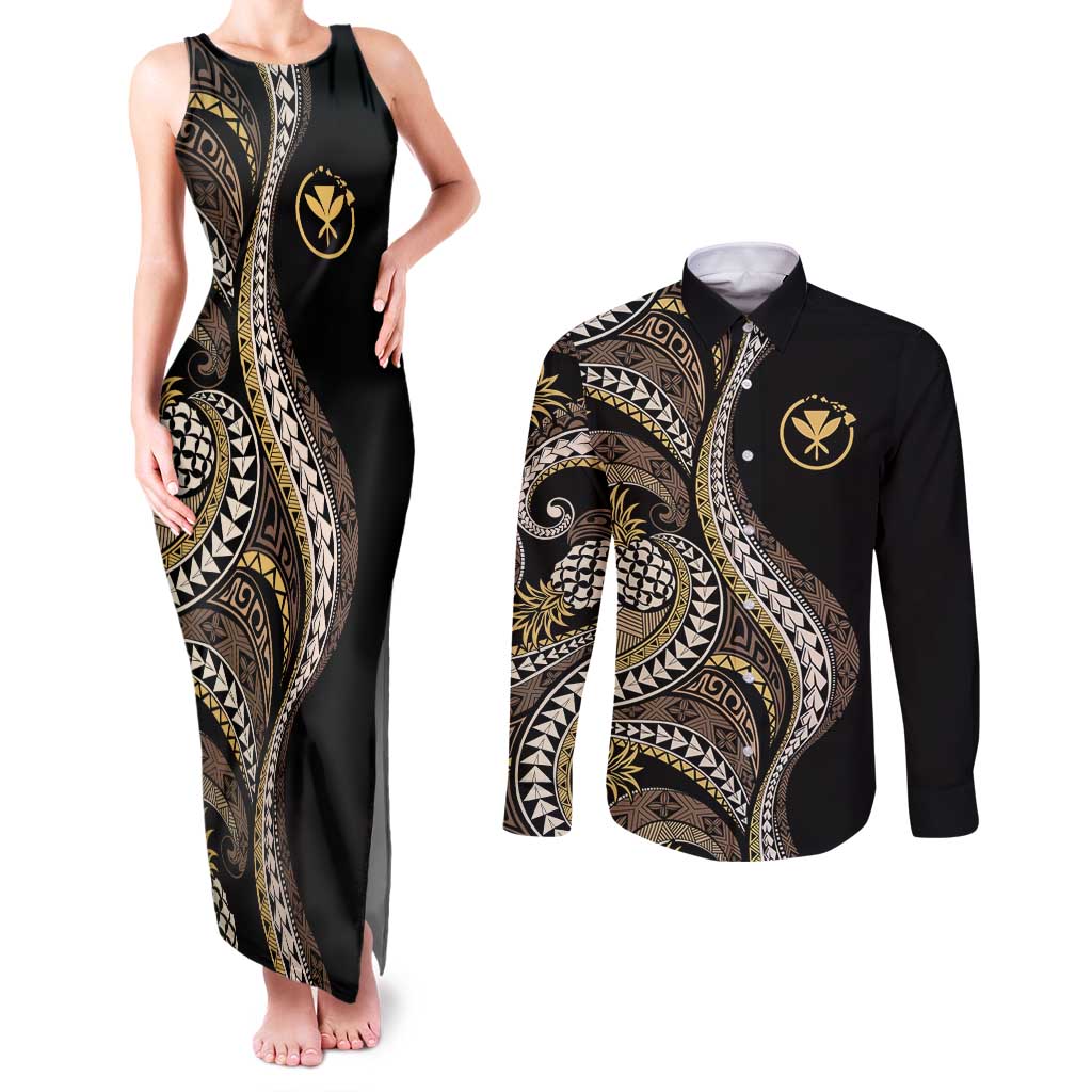 Hawaii Pineapple Brown Tribal Pattern Couples Matching Tank Maxi Dress and Long Sleeve Button Shirt - Polynesian Pride