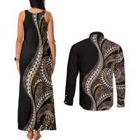 Hawaii Pineapple Brown Tribal Pattern Couples Matching Tank Maxi Dress and Long Sleeve Button Shirt LT01 - Polynesian Pride