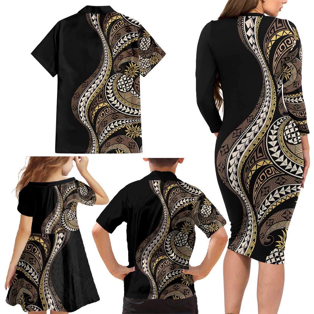 Hawaii Pineapple Brown Tribal Pattern Family Matching Long Sleeve Bodycon Dress and Hawaiian Shirt - Polynesian Pride