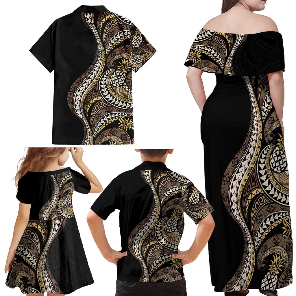 Hawaii Pineapple Brown Tribal Pattern Family Matching Off Shoulder Maxi Dress and Hawaiian Shirt - Polynesian Pride