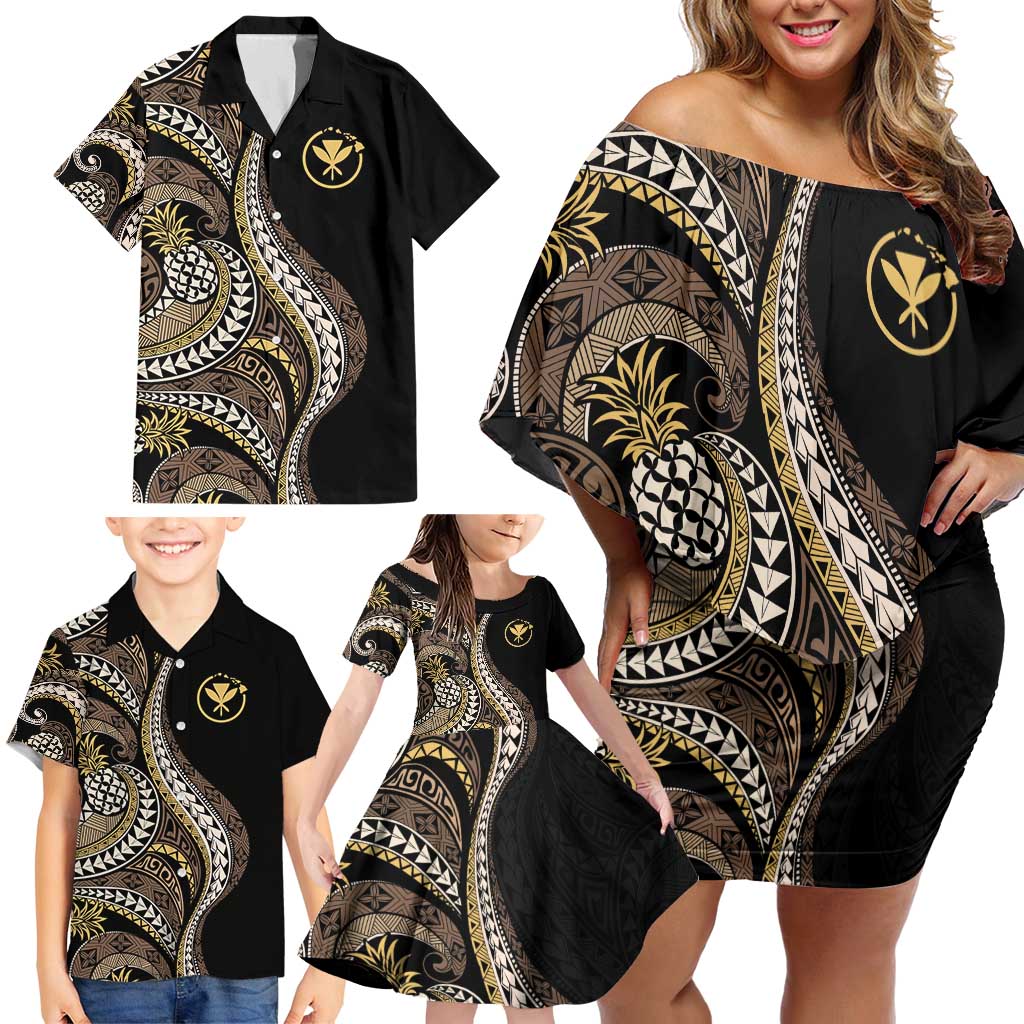 Hawaii Pineapple Brown Tribal Pattern Family Matching Off Shoulder Short Dress and Hawaiian Shirt - Polynesian Pride