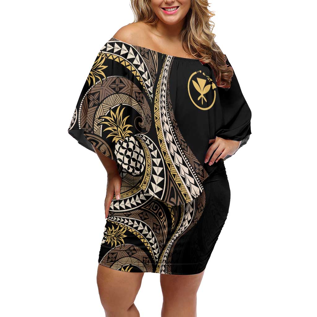 Hawaii Pineapple Brown Tribal Pattern Family Matching Off Shoulder Short Dress and Hawaiian Shirt - Polynesian Pride