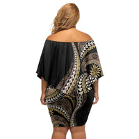 Hawaii Pineapple Brown Tribal Pattern Family Matching Off Shoulder Short Dress and Hawaiian Shirt - Polynesian Pride