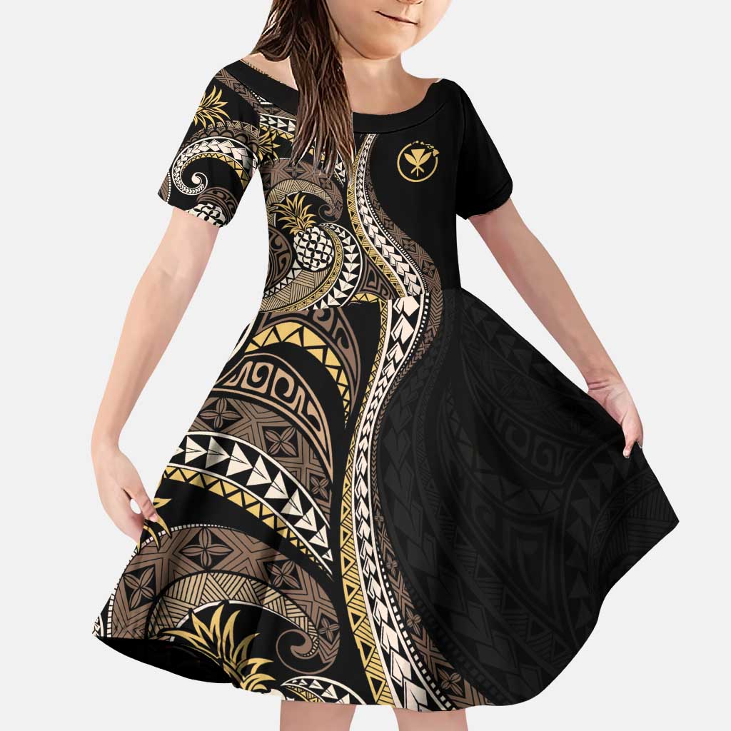Hawaii Pineapple Brown Tribal Pattern Family Matching Puletasi and Hawaiian Shirt LT01 Daughter's Dress Brown - Polynesian Pride