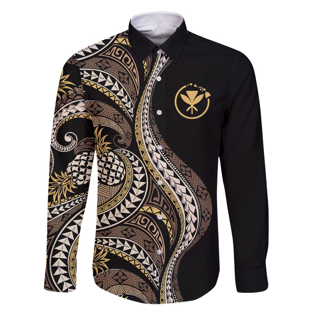 Hawaii Pineapple Brown Tribal Pattern Family Matching Puletasi and Hawaiian Shirt LT01 Dad's Shirt - Long Sleeve Brown - Polynesian Pride