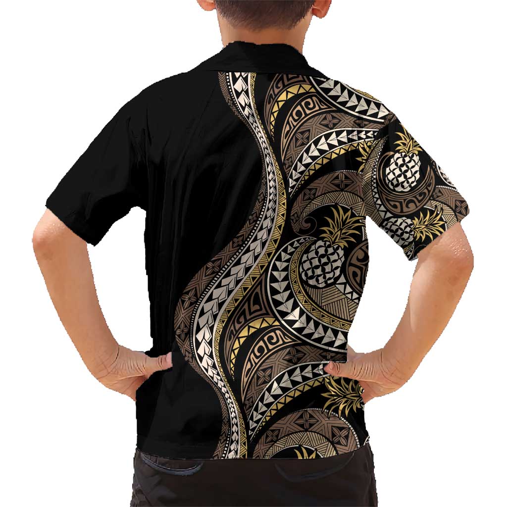 Hawaii Pineapple Brown Tribal Pattern Family Matching Short Sleeve Bodycon Dress and Hawaiian Shirt - Polynesian Pride