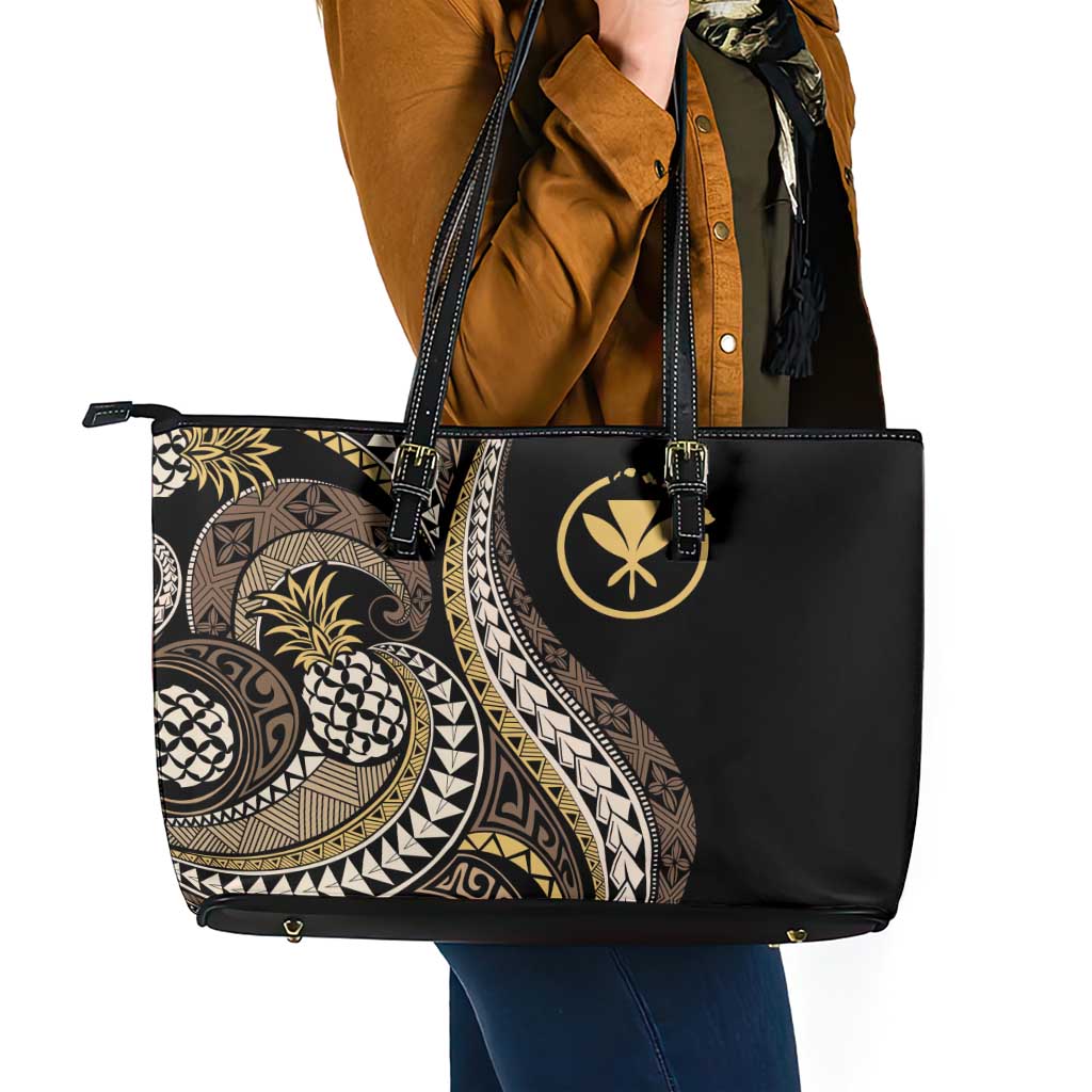 Hawaii Pineapple Brown Tribal Pattern Leather Tote Bag LT01 - Polynesian Pride