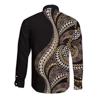 Hawaii Pineapple Brown Tribal Pattern Long Sleeve Button Shirt - Polynesian Pride