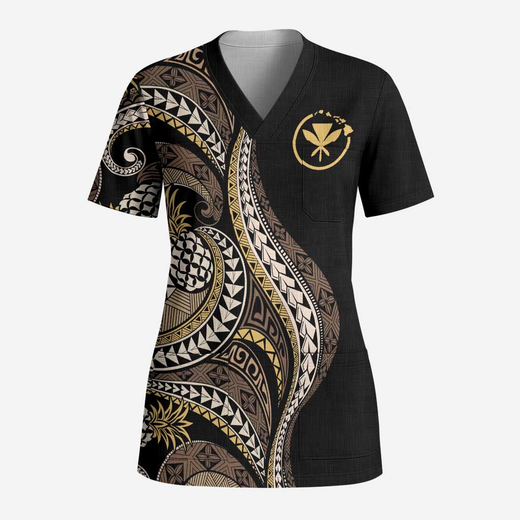 Hawaii Pineapple Brown Tribal Pattern Scrub Top LT01 Adult Brown - Polynesian Pride