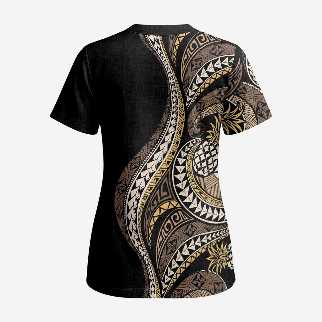 Hawaii Pineapple Brown Tribal Pattern Scrub Top - Polynesian Pride