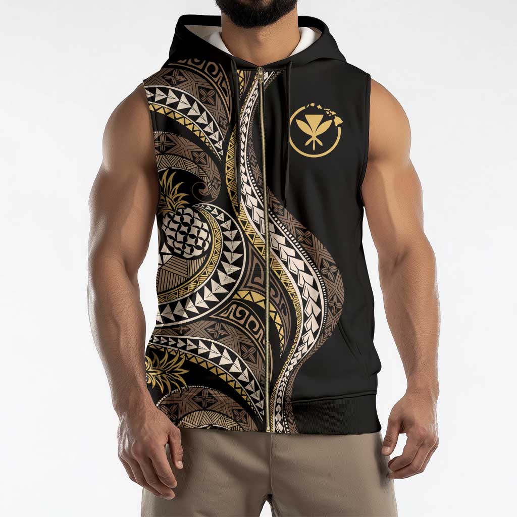 Hawaii Pineapple Brown Tribal Pattern Sleeveless Zip Hoodie - Polynesian Pride