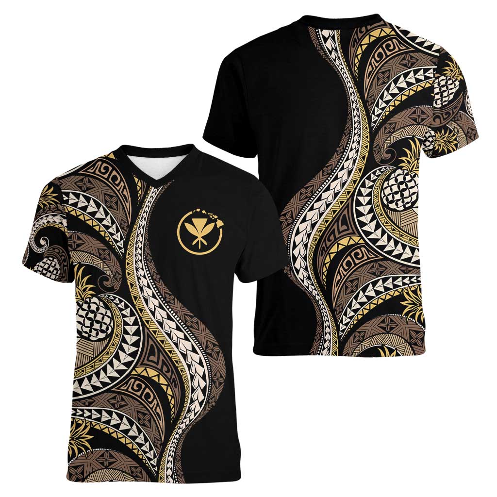 Hawaii Pineapple Brown Tribal Pattern Women V-Neck T-Shirt - Polynesian Pride