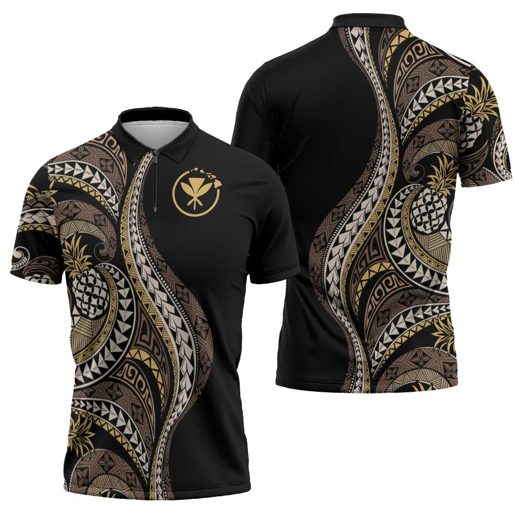 Hawaii Pineapple Brown Tribal Pattern Zipper Polo Shirt - Polynesian Pride