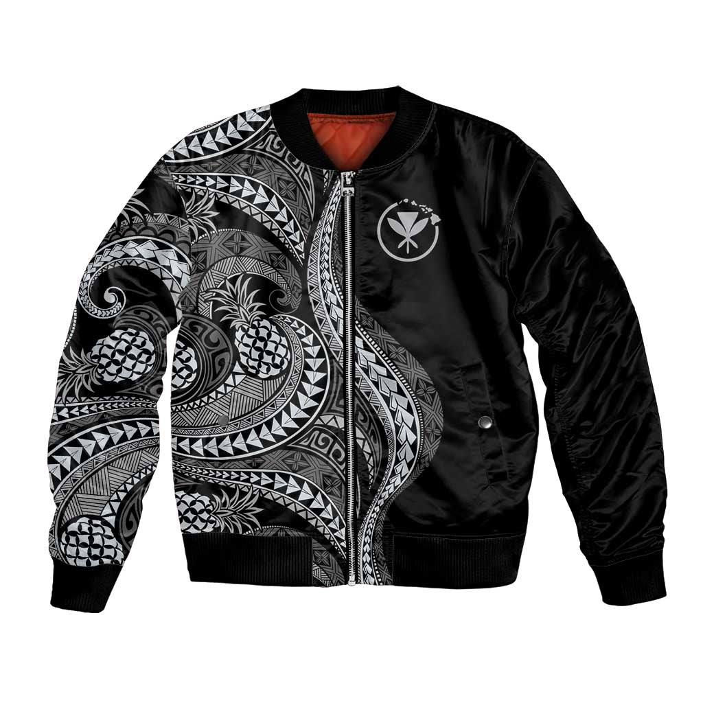 Hawaii Pineapple Gray Scale Tribal Pattern Bomber Jacket LT01 Unisex Black - Polynesian Pride