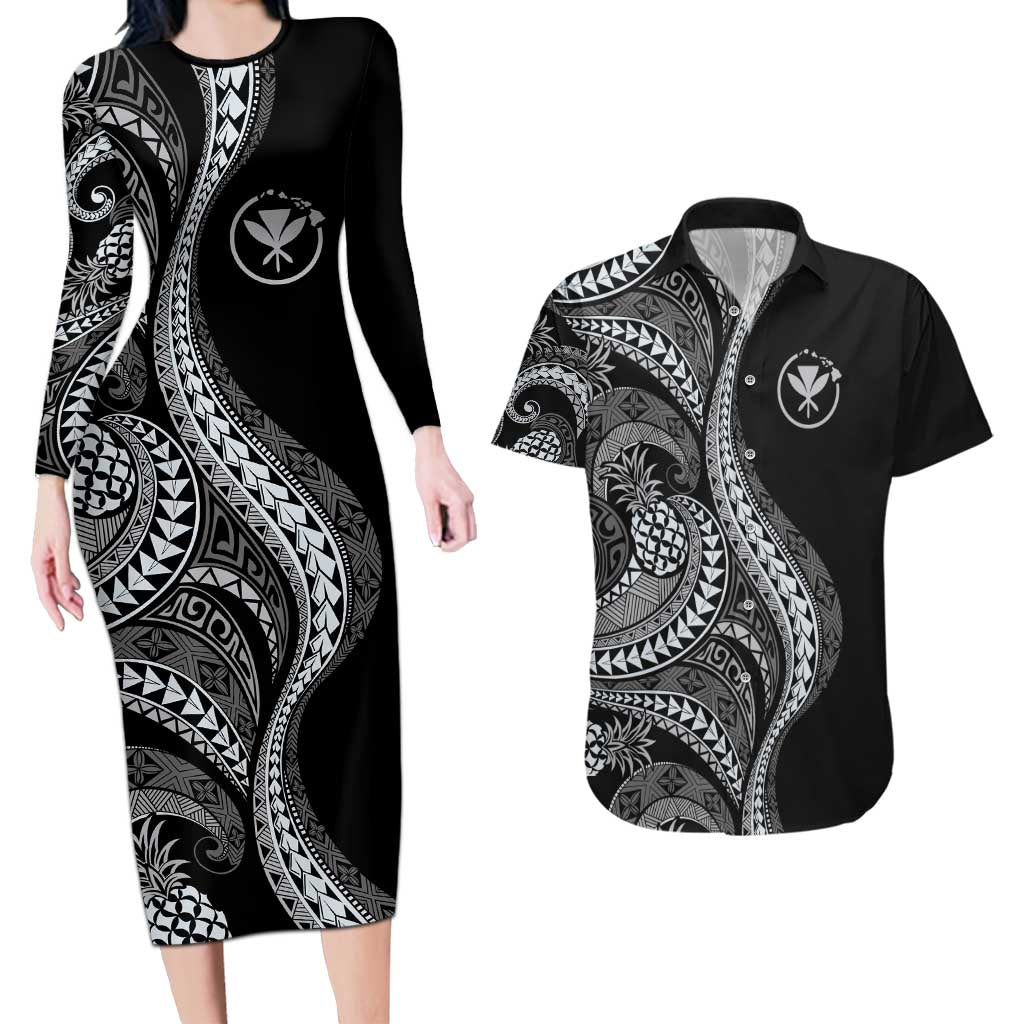 Hawaii Pineapple Gray Scale Tribal Pattern Couples Matching Long Sleeve Bodycon Dress and Hawaiian Shirt - Polynesian Pride