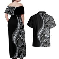 Hawaii Pineapple Gray Scale Tribal Pattern Couples Matching Off Shoulder Maxi Dress and Hawaiian Shirt - Polynesian Pride
