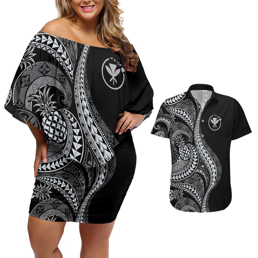 Hawaii Pineapple Gray Scale Tribal Pattern Couples Matching Off Shoulder Short Dress and Hawaiian Shirt - Polynesian Pride