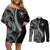 Hawaii Pineapple Gray Scale Tribal Pattern Couples Matching Off Shoulder Short Dress and Long Sleeve Button Shirt - Polynesian Pride