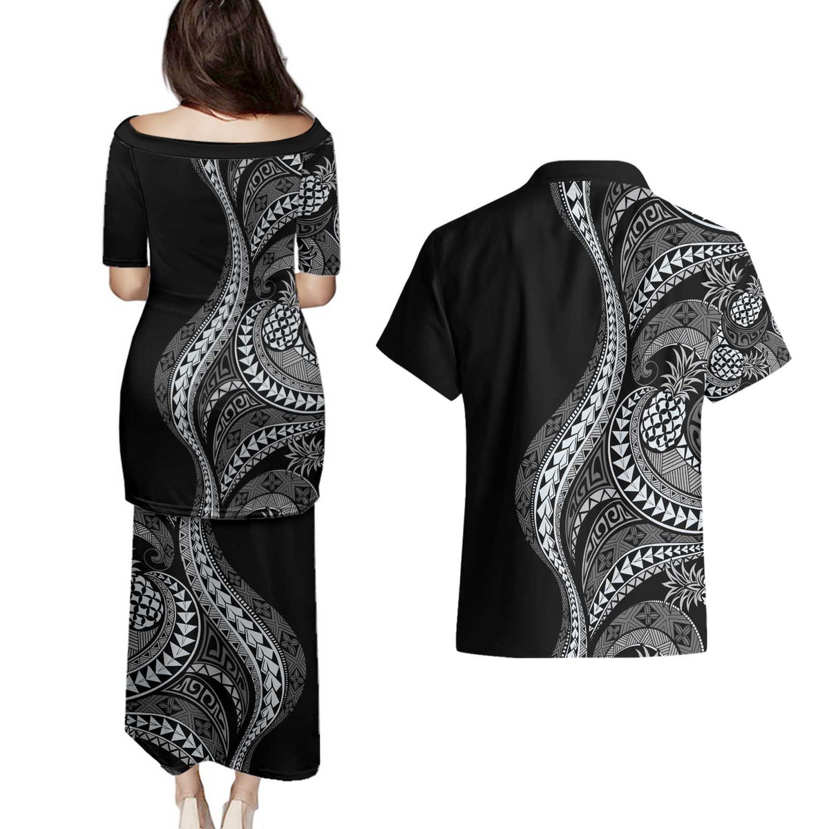 Hawaii Pineapple Gray Scale Tribal Pattern Couples Matching Puletasi and Hawaiian Shirt - Polynesian Pride