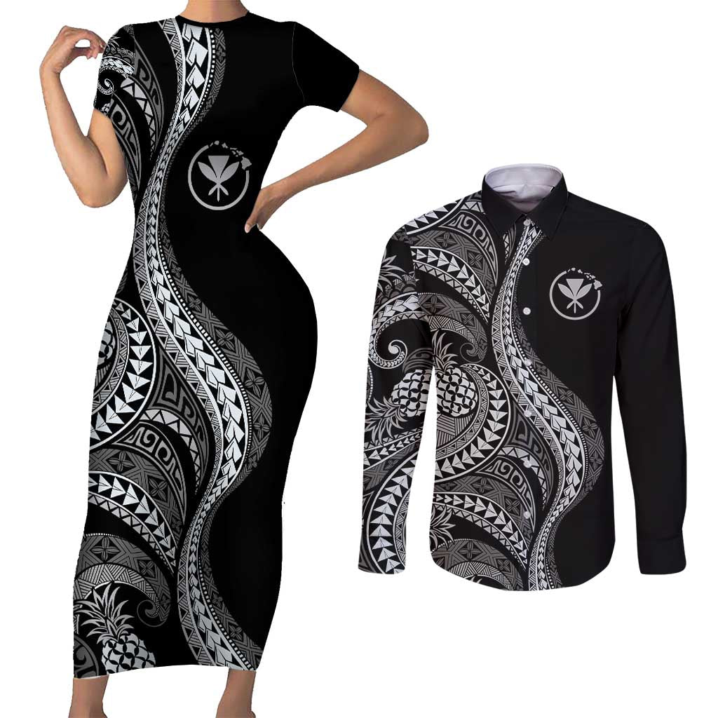Hawaii Pineapple Gray Scale Tribal Pattern Couples Matching Short Sleeve Bodycon Dress and Long Sleeve Button Shirt - Polynesian Pride