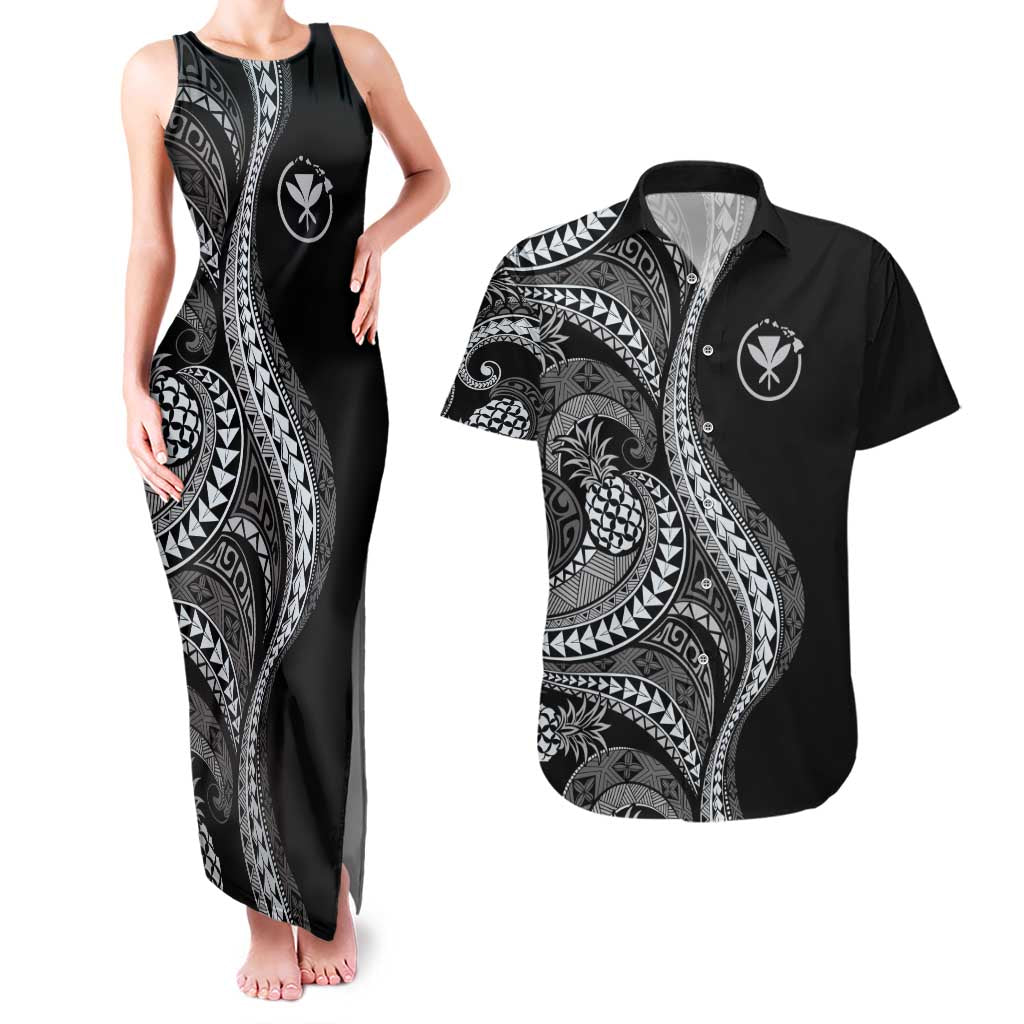 Hawaii Pineapple Gray Scale Tribal Pattern Couples Matching Tank Maxi Dress and Hawaiian Shirt - Polynesian Pride