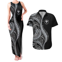 Hawaii Pineapple Gray Scale Tribal Pattern Couples Matching Tank Maxi Dress and Hawaiian Shirt - Polynesian Pride