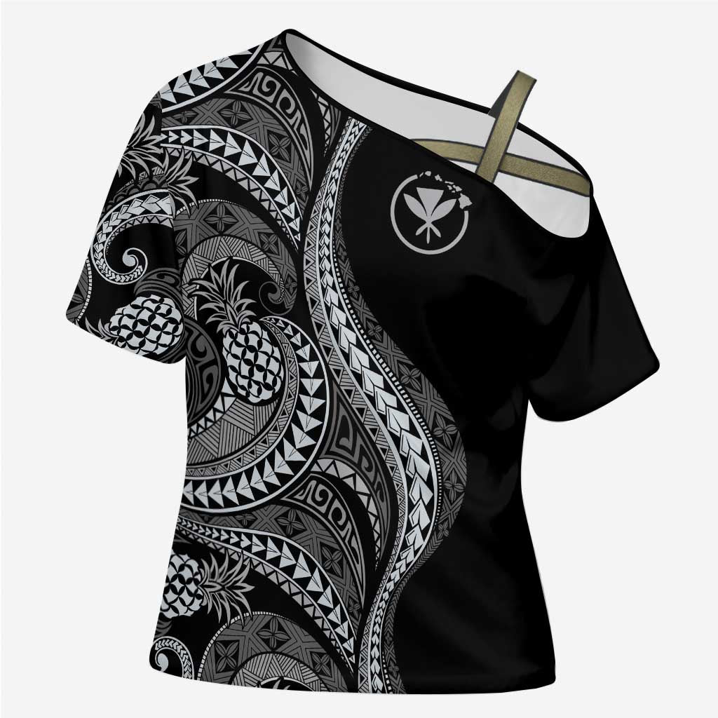 Hawaii Pineapple Gray Scale Tribal Pattern Cross Shoulder Shirt LT01 Female Black - Polynesian Pride