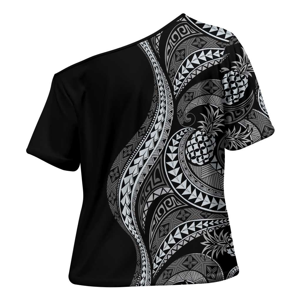 Hawaii Pineapple Gray Scale Tribal Pattern Cross Shoulder Shirt LT01 - Polynesian Pride