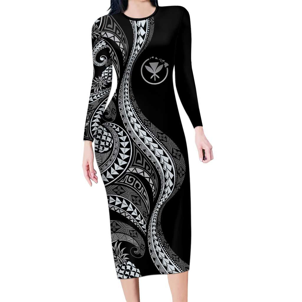Hawaii Pineapple Gray Scale Tribal Pattern Family Matching Long Sleeve Bodycon Dress and Hawaiian Shirt - Polynesian Pride