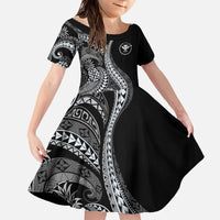 Hawaii Pineapple Gray Scale Tribal Pattern Family Matching Off The Shoulder Long Sleeve Dress and Hawaiian Shirt - Polynesian Pride