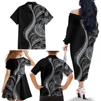 Hawaii Pineapple Gray Scale Tribal Pattern Family Matching Off The Shoulder Long Sleeve Dress and Hawaiian Shirt - Polynesian Pride