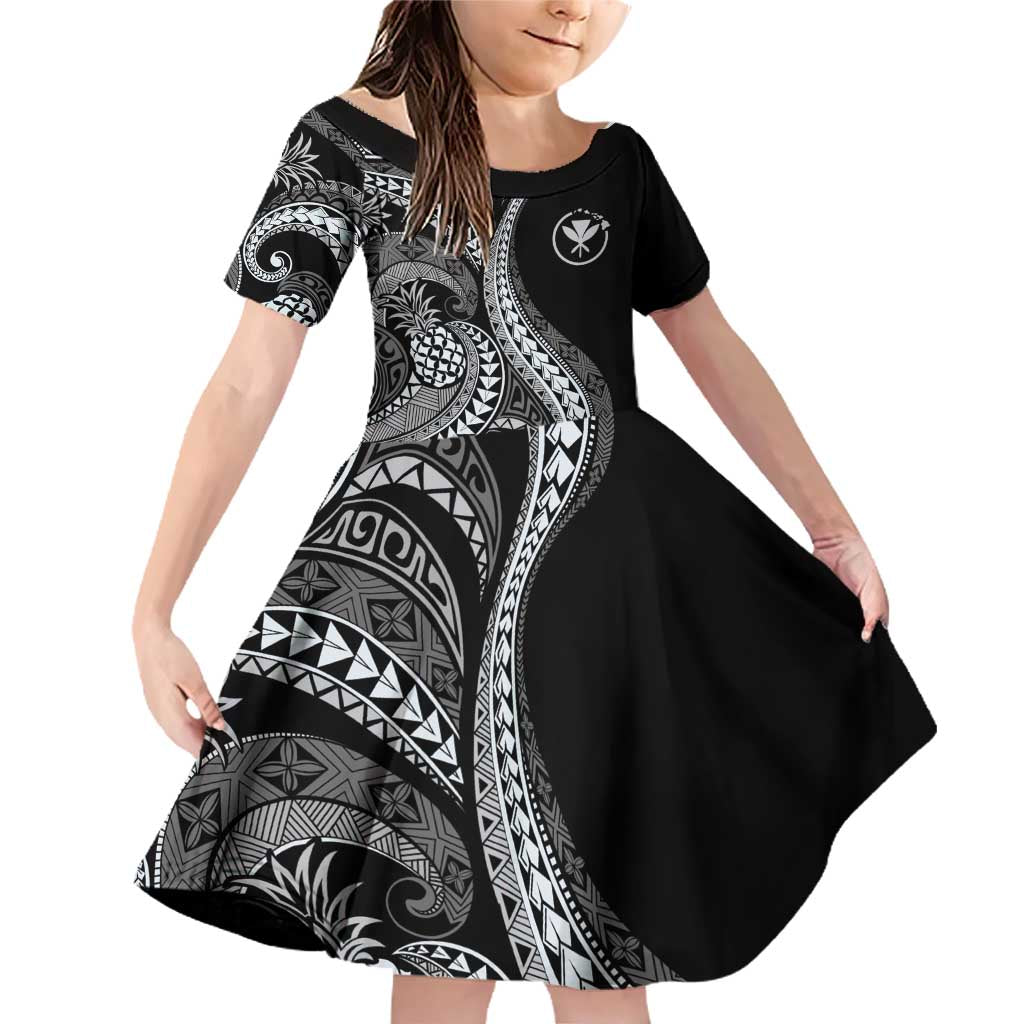 Hawaii Pineapple Gray Scale Tribal Pattern Family Matching Off Shoulder Short Dress and Hawaiian Shirt - Polynesian Pride