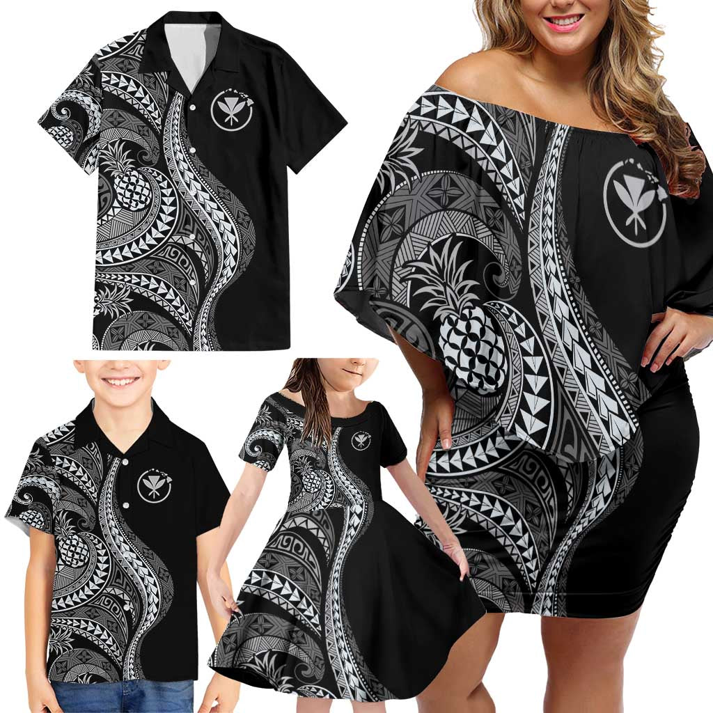 Hawaii Pineapple Gray Scale Tribal Pattern Family Matching Off Shoulder Short Dress and Hawaiian Shirt - Polynesian Pride