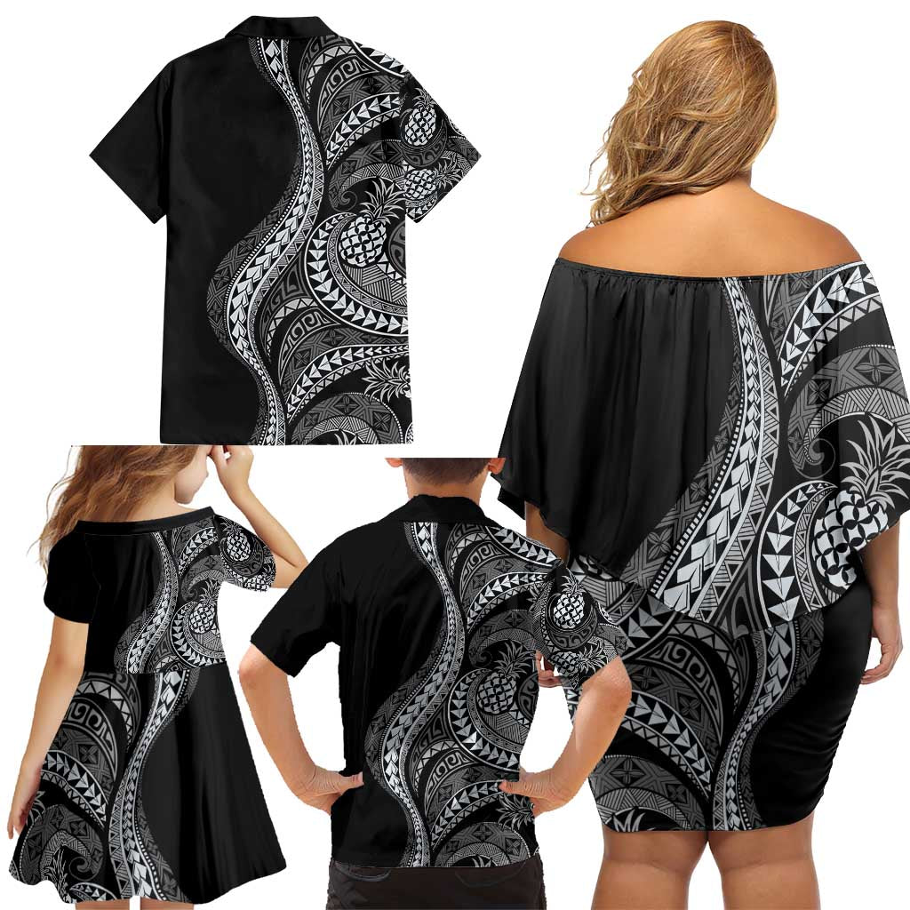 Hawaii Pineapple Gray Scale Tribal Pattern Family Matching Off Shoulder Short Dress and Hawaiian Shirt - Polynesian Pride
