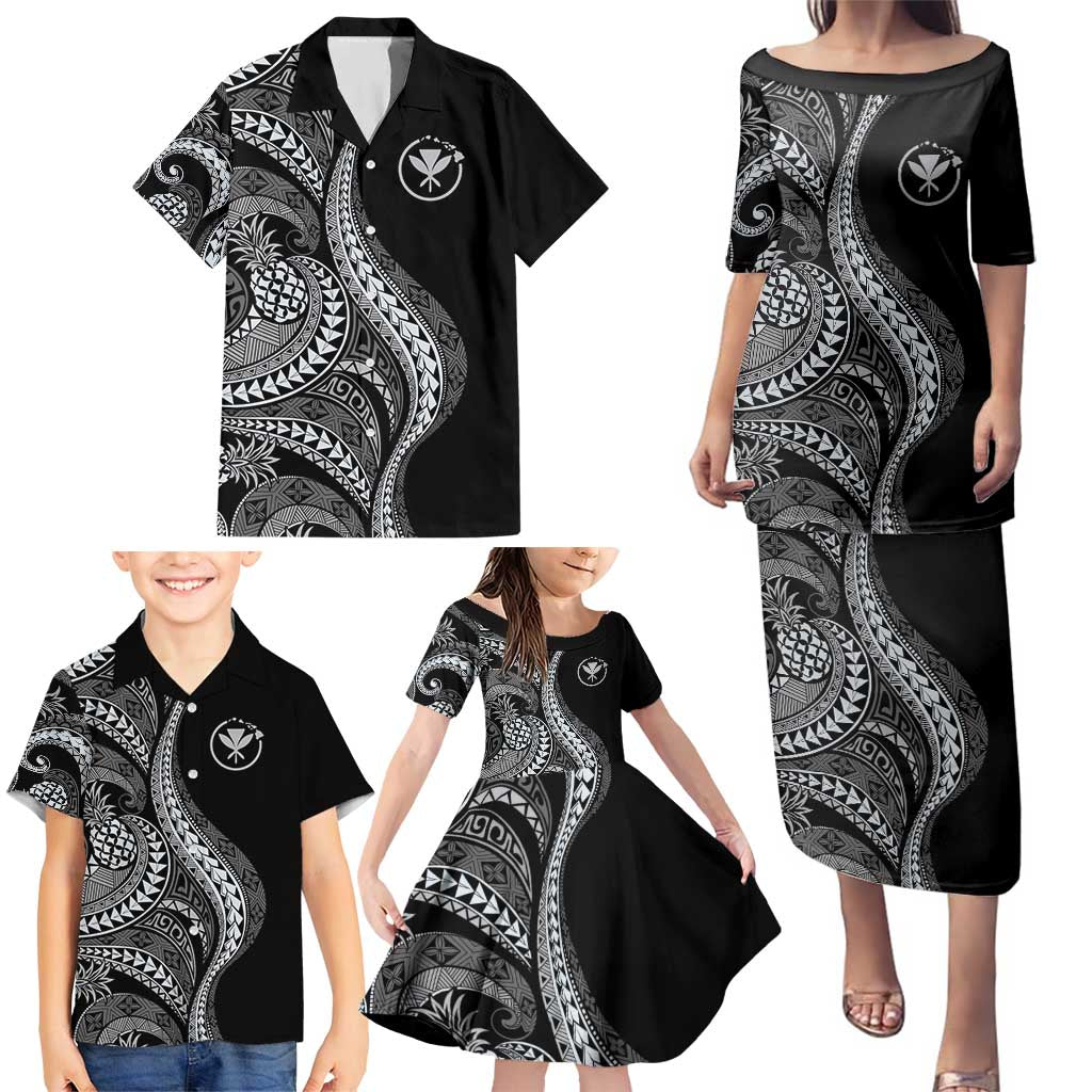 Hawaii Pineapple Gray Scale Tribal Pattern Family Matching Puletasi and Hawaiian Shirt - Polynesian Pride