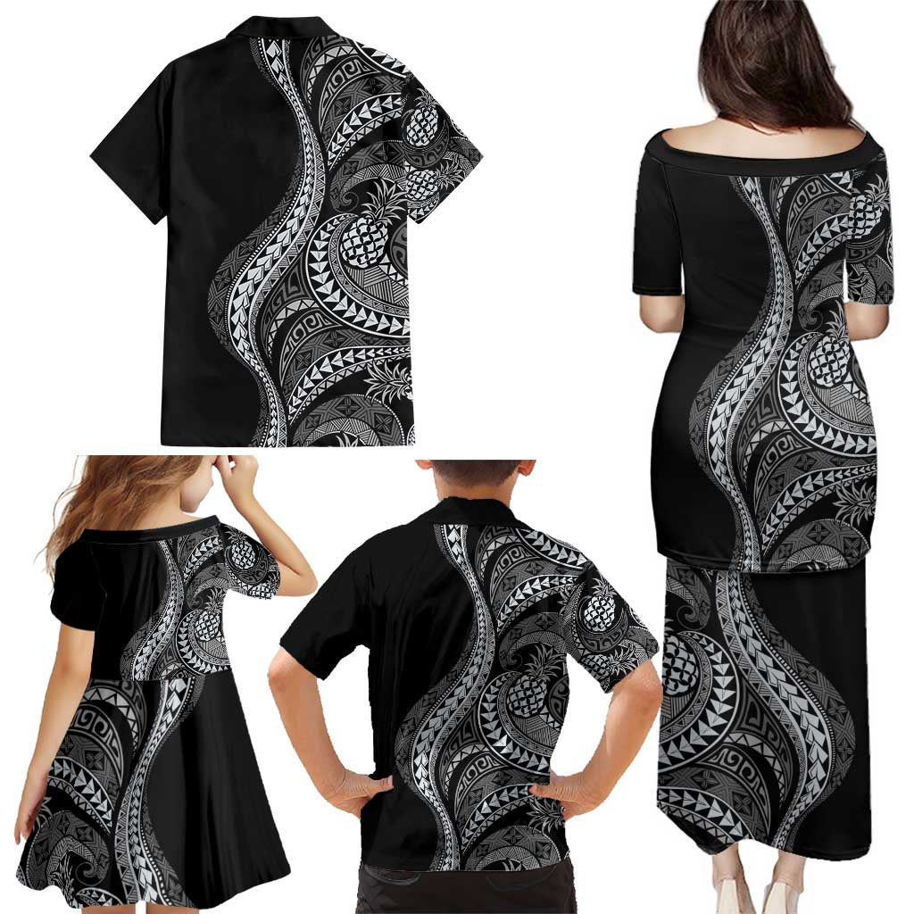 Hawaii Pineapple Gray Scale Tribal Pattern Family Matching Puletasi and Hawaiian Shirt - Polynesian Pride