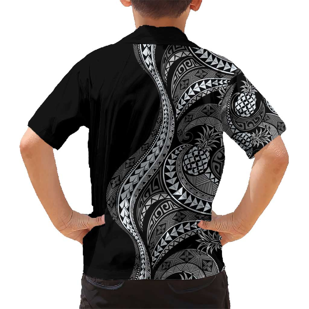 Hawaii Pineapple Gray Scale Tribal Pattern Family Matching Short Sleeve Bodycon Dress and Hawaiian Shirt - Polynesian Pride