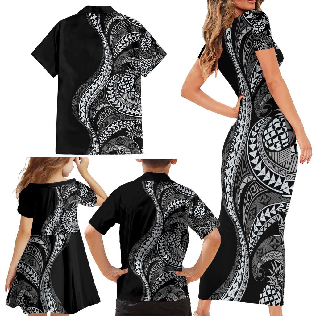 Hawaii Pineapple Gray Scale Tribal Pattern Family Matching Short Sleeve Bodycon Dress and Hawaiian Shirt - Polynesian Pride
