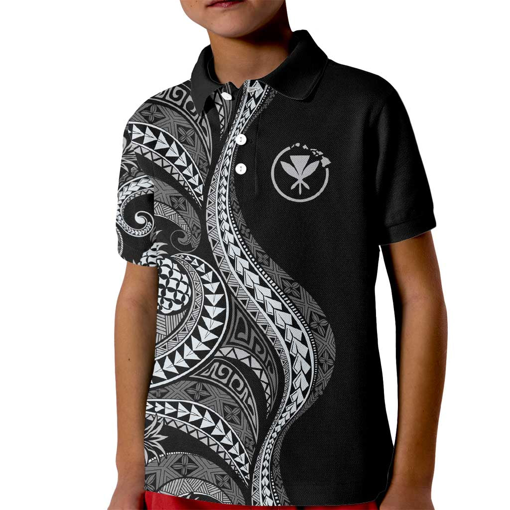 Hawaii Pineapple Gray Scale Tribal Pattern Kid Polo Shirt LT01 Kid Black - Polynesian Pride