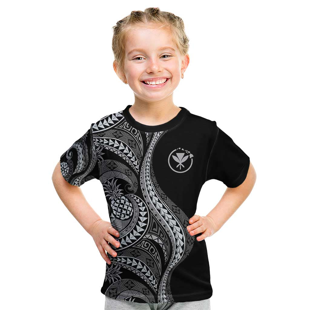 Hawaii Pineapple Gray Scale Tribal Pattern Kid T Shirt LT01 Black - Polynesian Pride