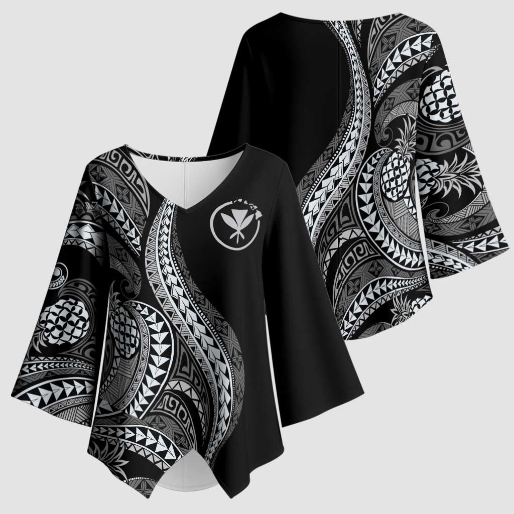 Hawaii Pineapple Gray Scale Tribal Pattern Kimono Sleeve Blouse - Polynesian Pride