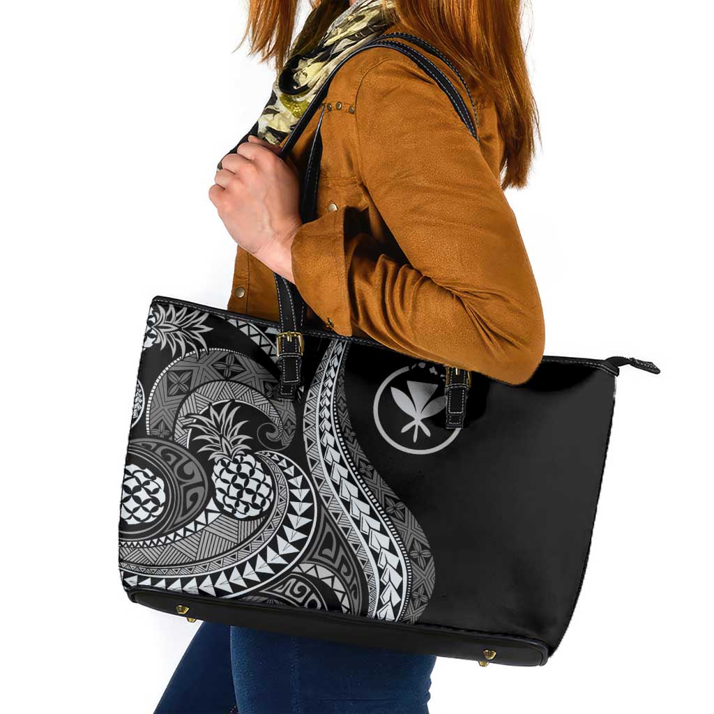 Hawaii Pineapple Gray Scale Tribal Pattern Leather Tote Bag LT01 Black - Polynesian Pride