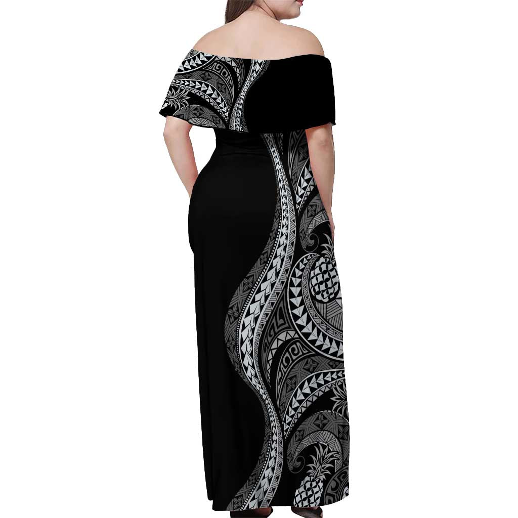 Hawaii Pineapple Gray Scale Tribal Pattern Off Shoulder Maxi Dress - Polynesian Pride