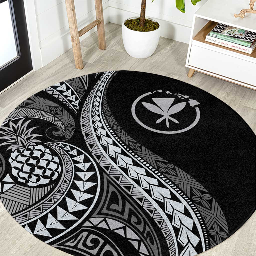 Hawaii Pineapple Gray Scale Tribal Pattern Round Carpet LT01 Black - Polynesian Pride