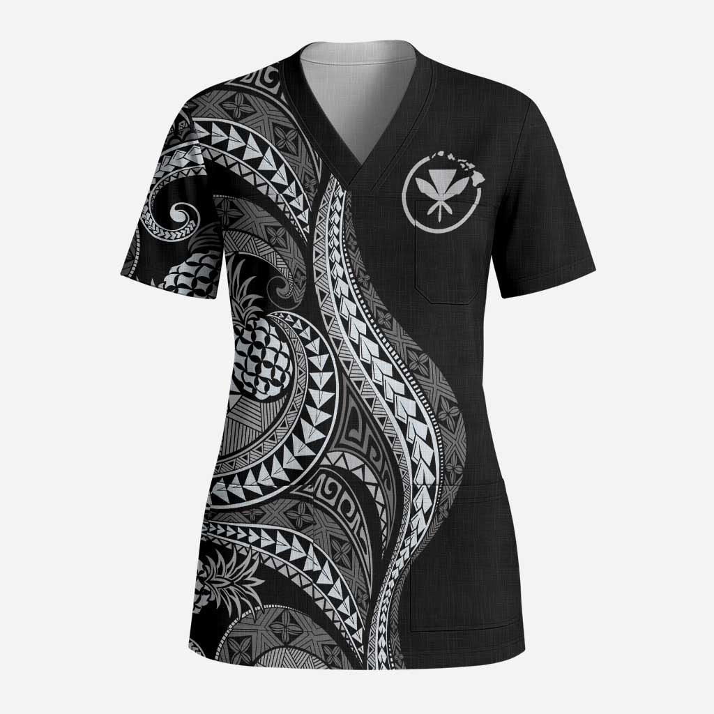 Hawaii Pineapple Gray Scale Tribal Pattern Scrub Top LT01 Adult Black - Polynesian Pride